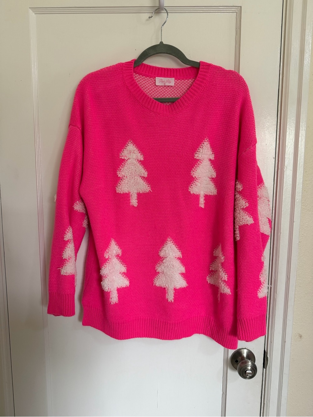 Neon Pink Womens Pink lily White tree Long Sleeve Sweater